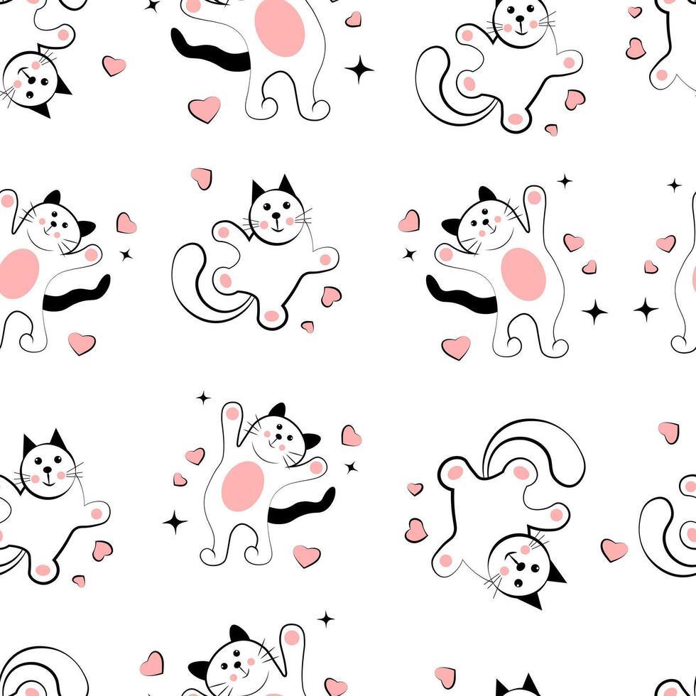 Seamless texture with cats on white background. Doodle vector