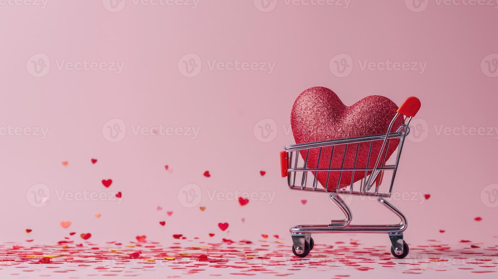 AI generated Generative AI, shopping cart with big heart inside, Valentine day concept, discount and sale. photo