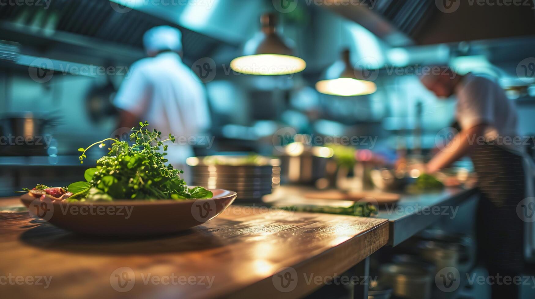 AI generated Generative AI, busy chefs working on the restaurant kitchen , blurred background photo