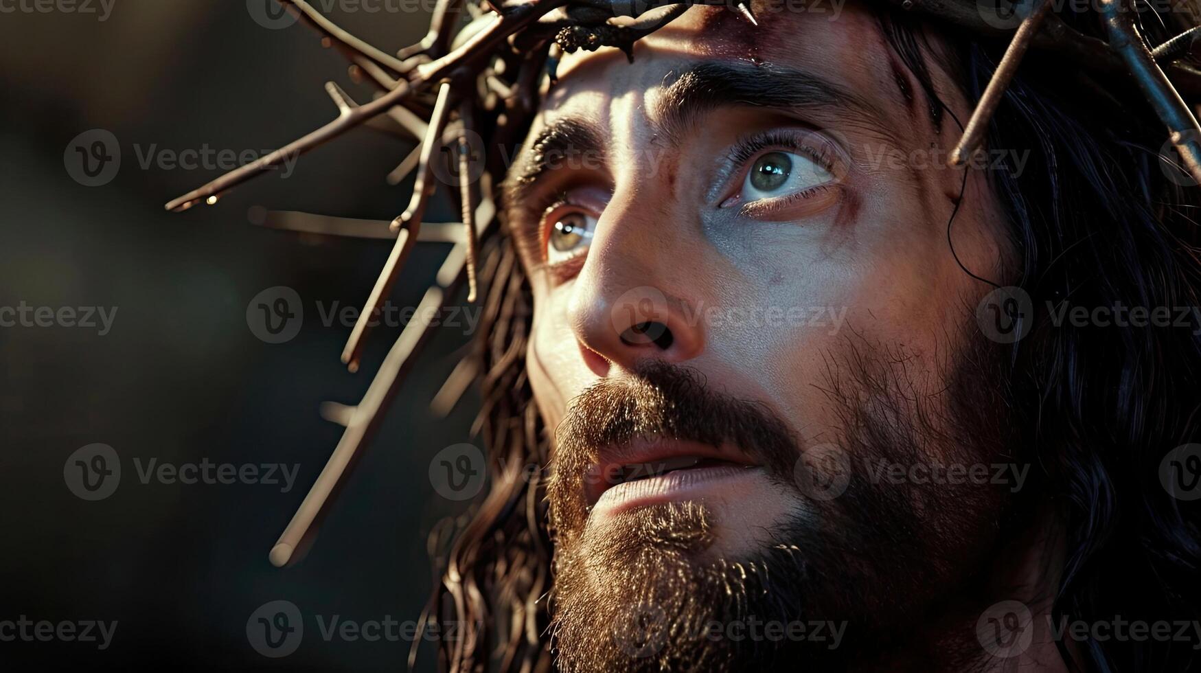 AI generated Generative AI, Jesus Christ in crown of thorns, photo close up