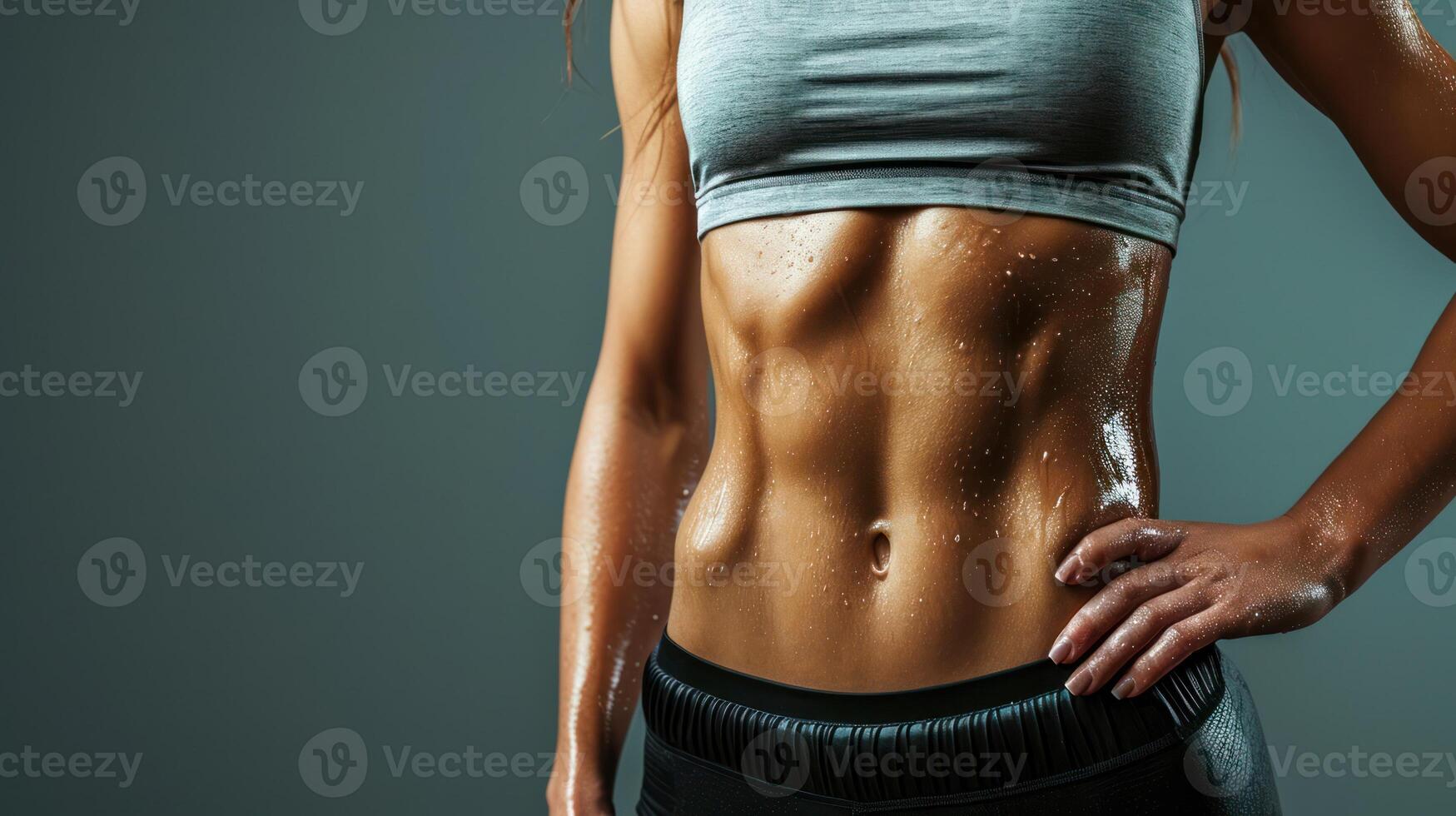 AI generated Generative AI, Sporty woman with great abdominal muscles shows stomach in sportswear on neutral background photo
