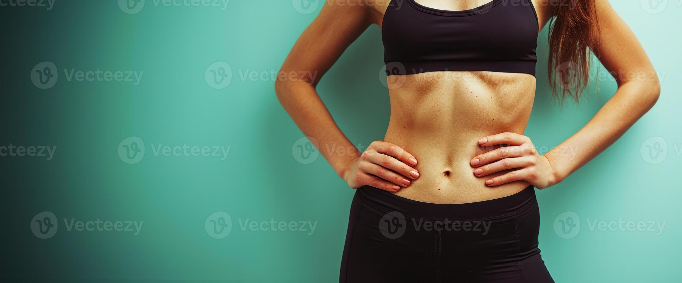 AI generated Generative AI, Sporty woman with great abdominal muscles shows stomach in sportswear on neutral background photo
