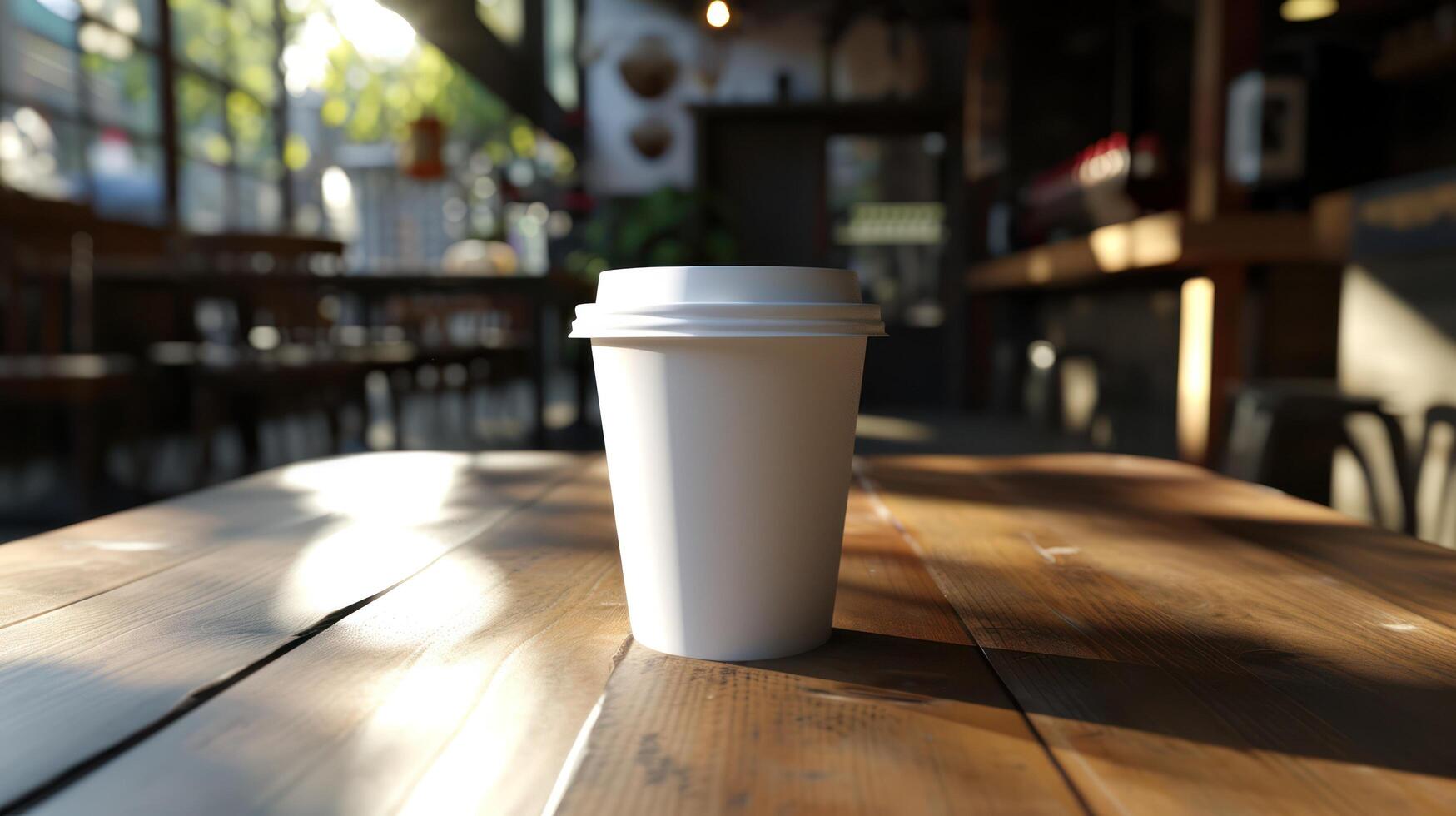 AI generated Generative AI, White paper cup on the table in the coffee shop interior, mug mock up blank. photo