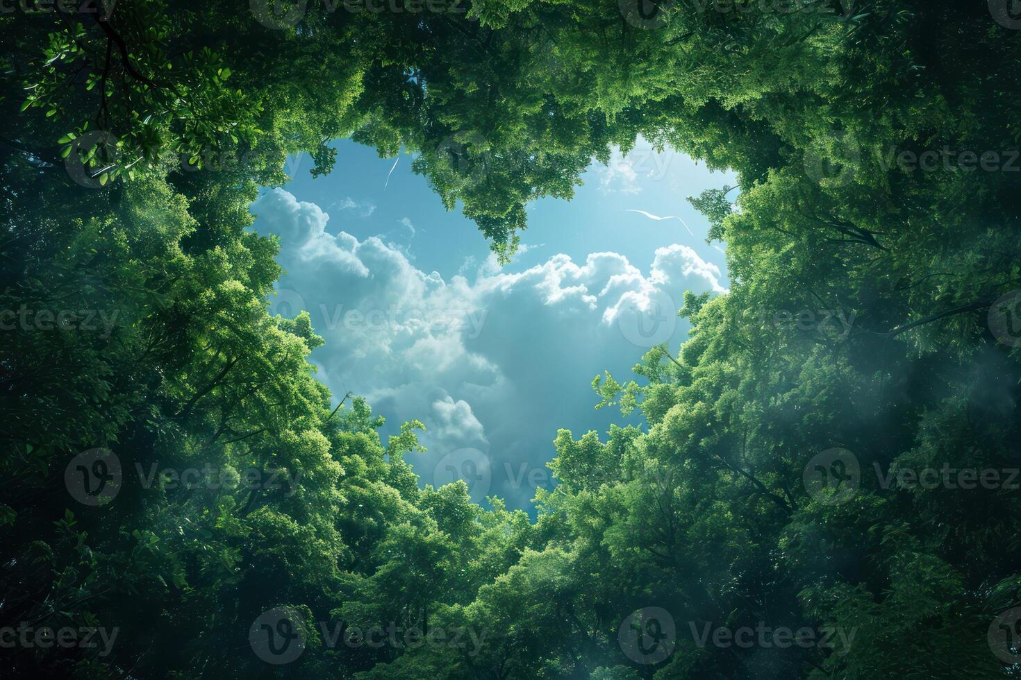 ai generado generativo ai, verde bosque con corazón forma, hermosa paisaje con blanco nubes, ambiente amor planeta concepto foto