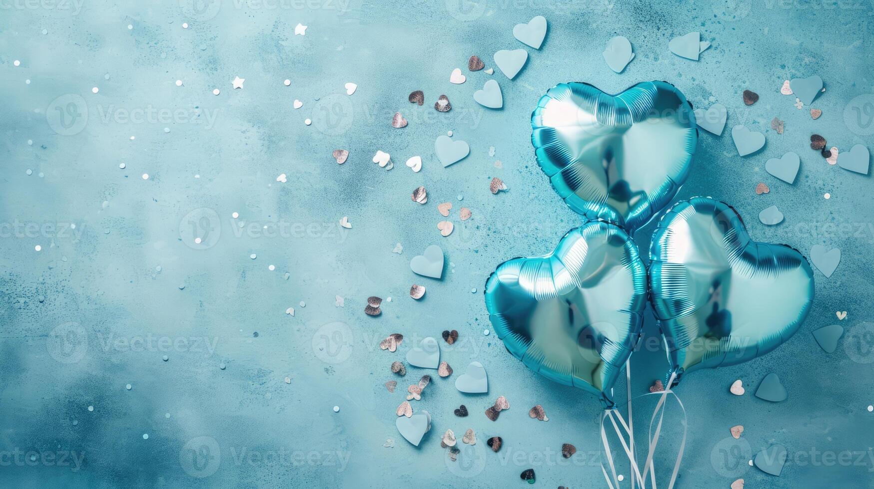AI generated Generative AI, Foil blue balloons in heart shape and confetti for Valentine's day or wedding with copy space photo