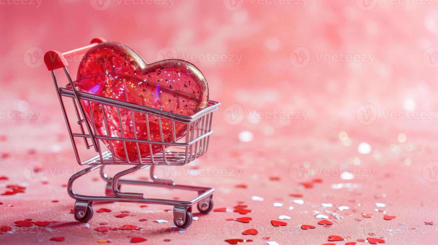 AI generated Generative AI, shopping cart with big heart inside, Valentine day concept, discount and sale. photo