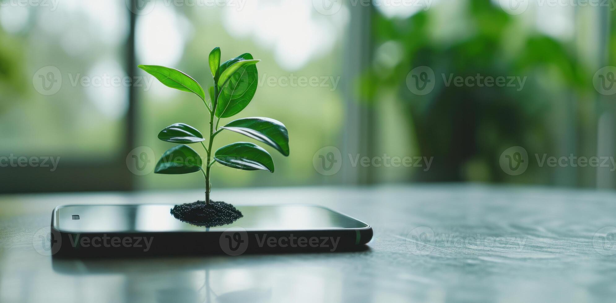 AI generated Generative AI, Plant growing from the smartphone screen. Ecology and environment concept photo