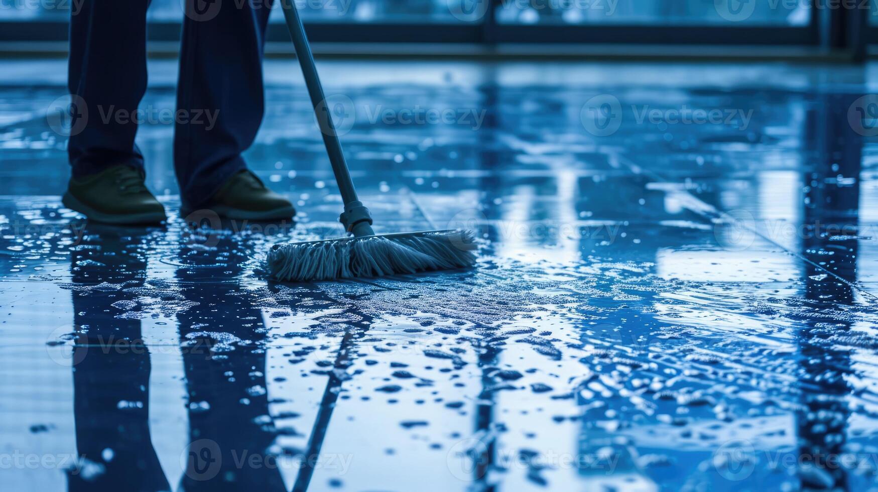 ai generado generativo ai, limpieza interna, limpieza, persona con un fregona a limpiar el piso. oficina o Doméstico obrero, limpiador y ama de casa foto