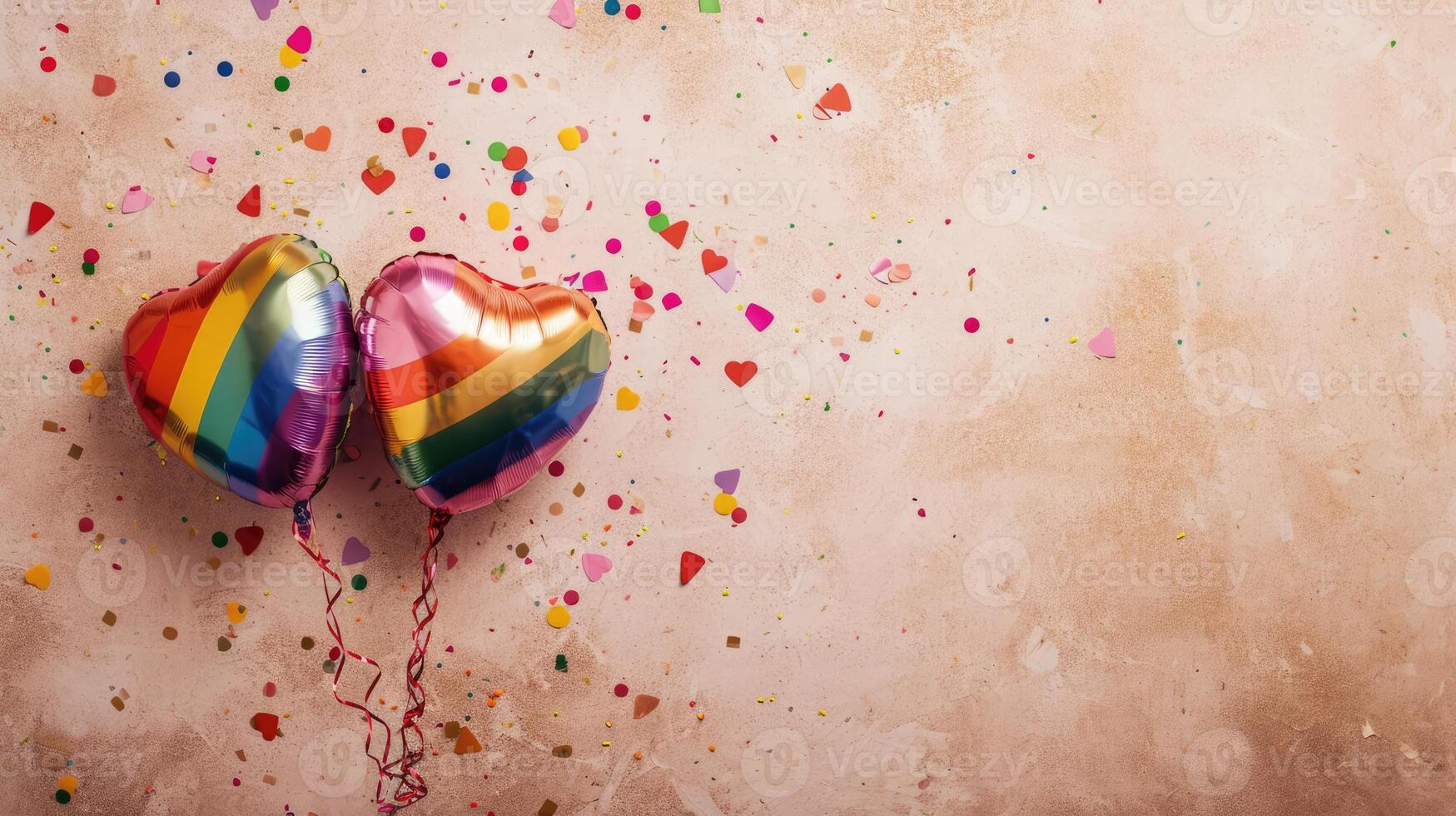 AI generated Generative AI, Foil LGBT rainbow flag colors balloons in heart shape and confetti for Valentine's day or wedding with copy space photo