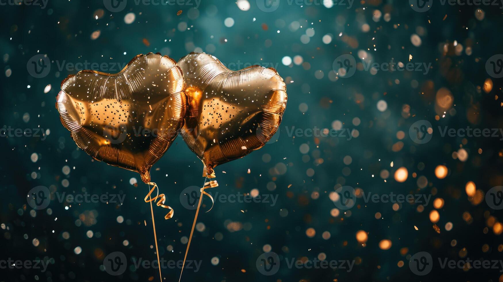 AI generated Generative AI, Foil golden balloons in heart shape and confetti for Valentine's day or wedding with copy space photo