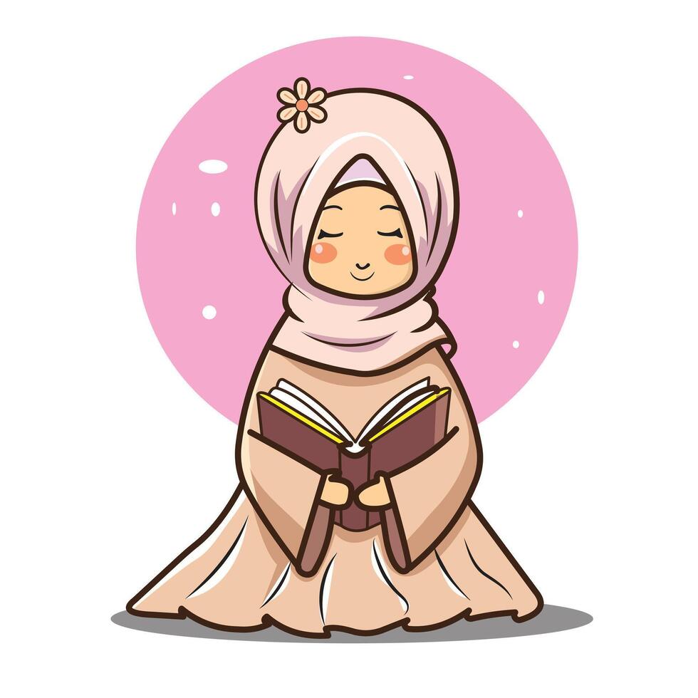 Muslim girl reading quran vector illustration. Ramadan concept.