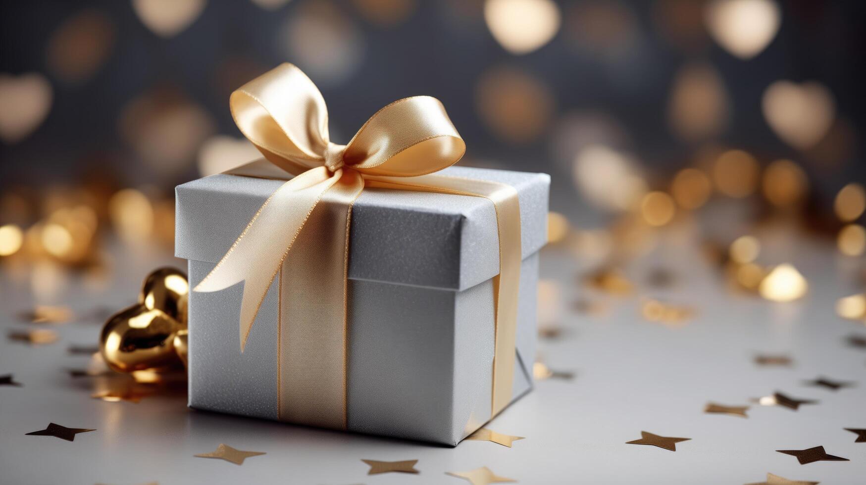 AI generated Premium gift box tied with golden ribbon and bow photo