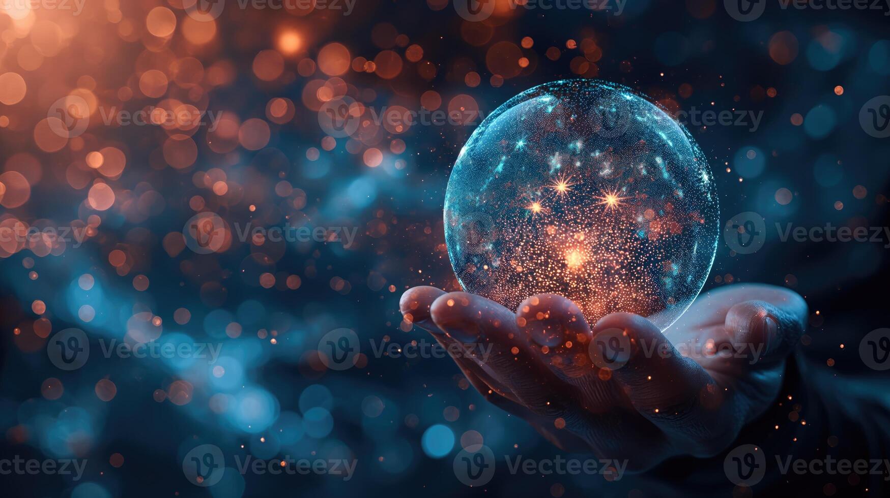 AI generated Transparent sphere like bubble in hand with bokeh background photo
