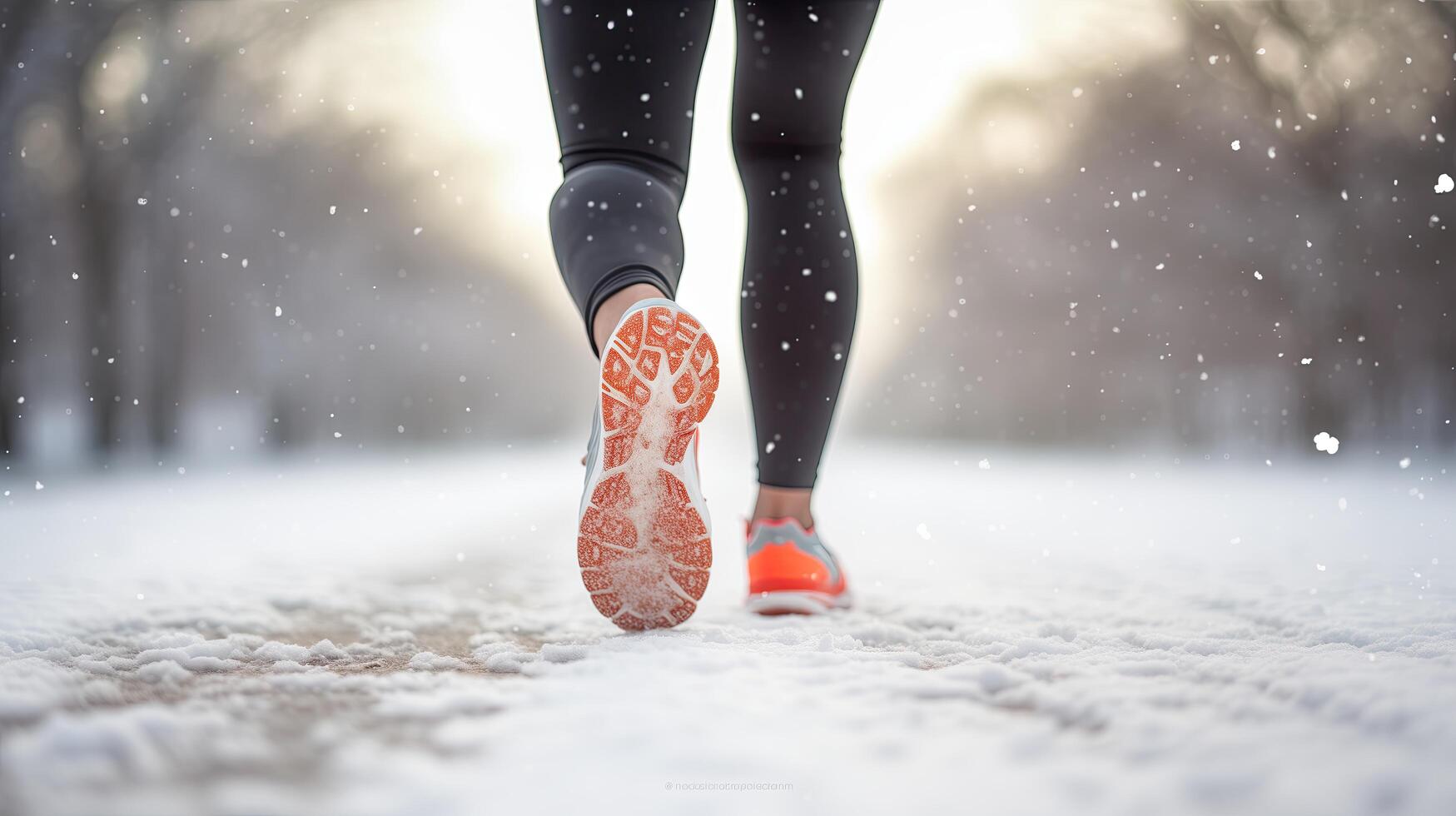 AI generated Man walking on snow with snickers in the morning back side view photo