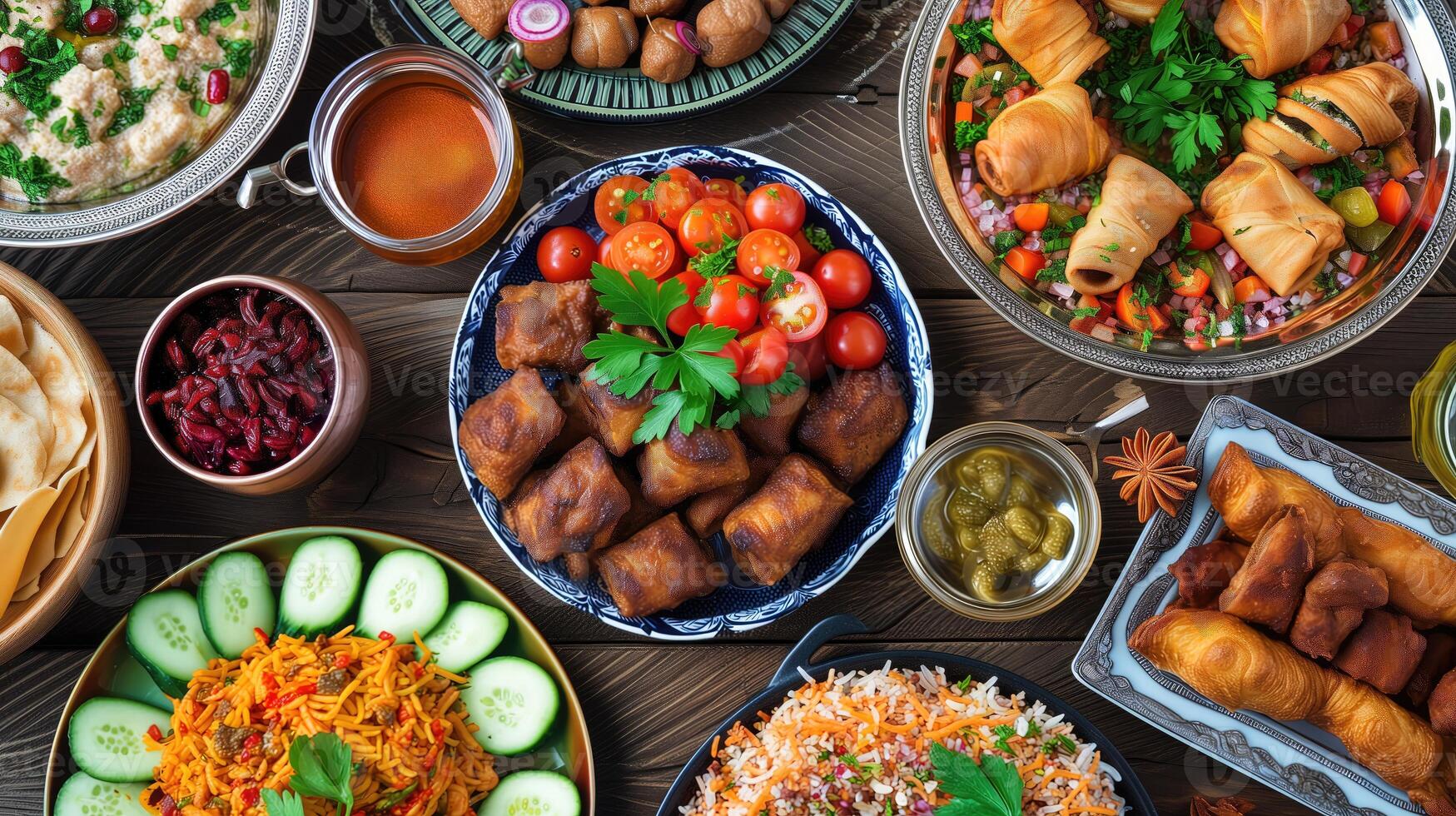 AI generated Delicious iftaar or suhoor on table for ramadan fasting, top view photo