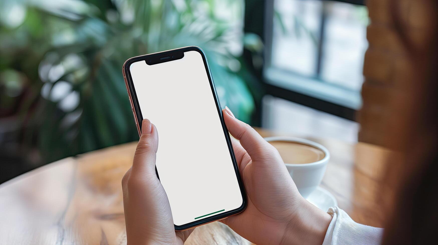 AI generated Woman Hand Holding Smart phone Mockup, Coffee Shop Scene, White Blank Screen photo