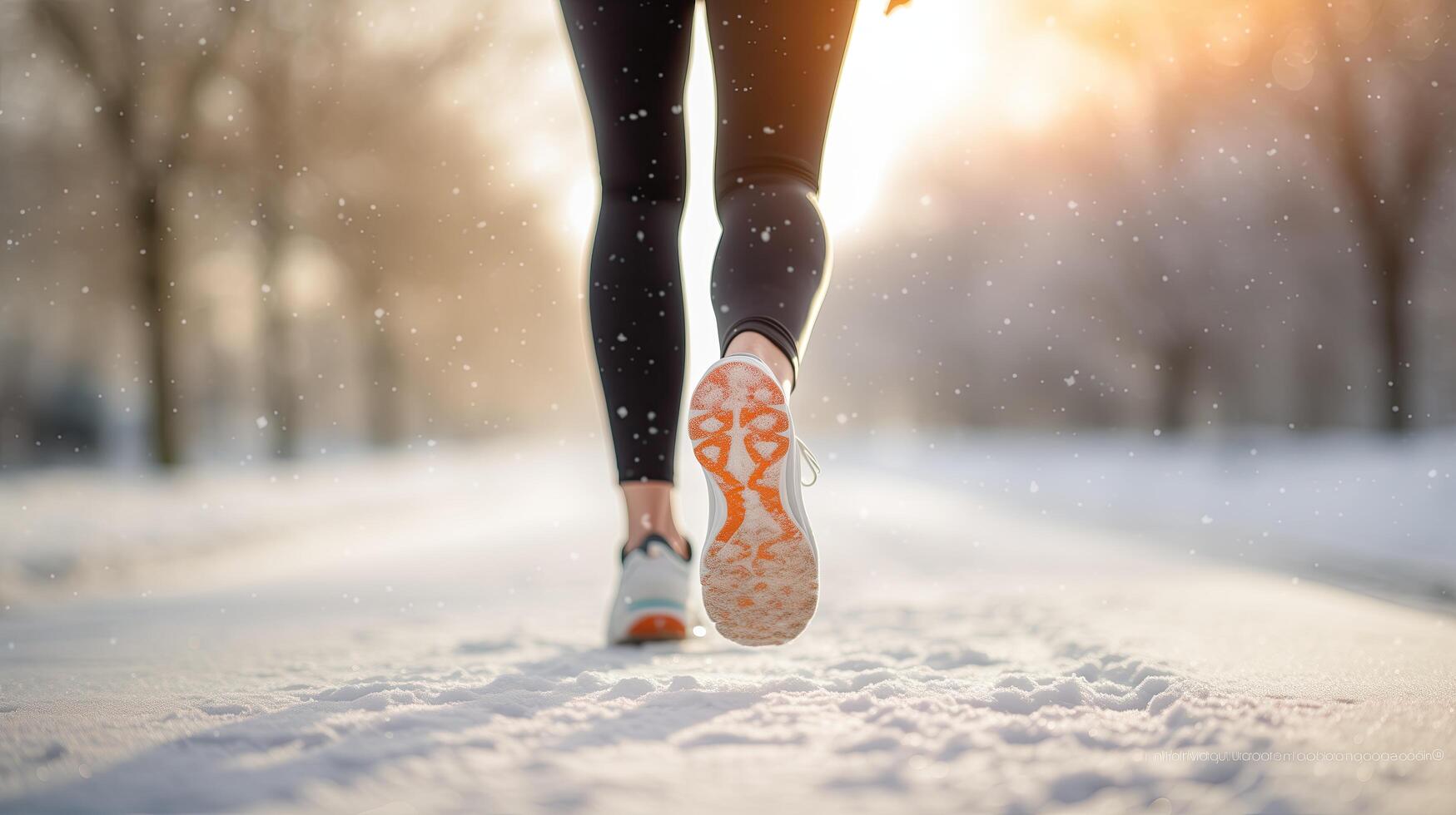 AI generated Man walking on snow with snickers in the morning back side view photo