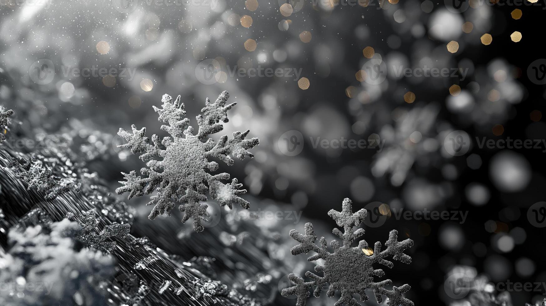 AI generated Snowflake closeup on dark snowy background, winter snowfall photo