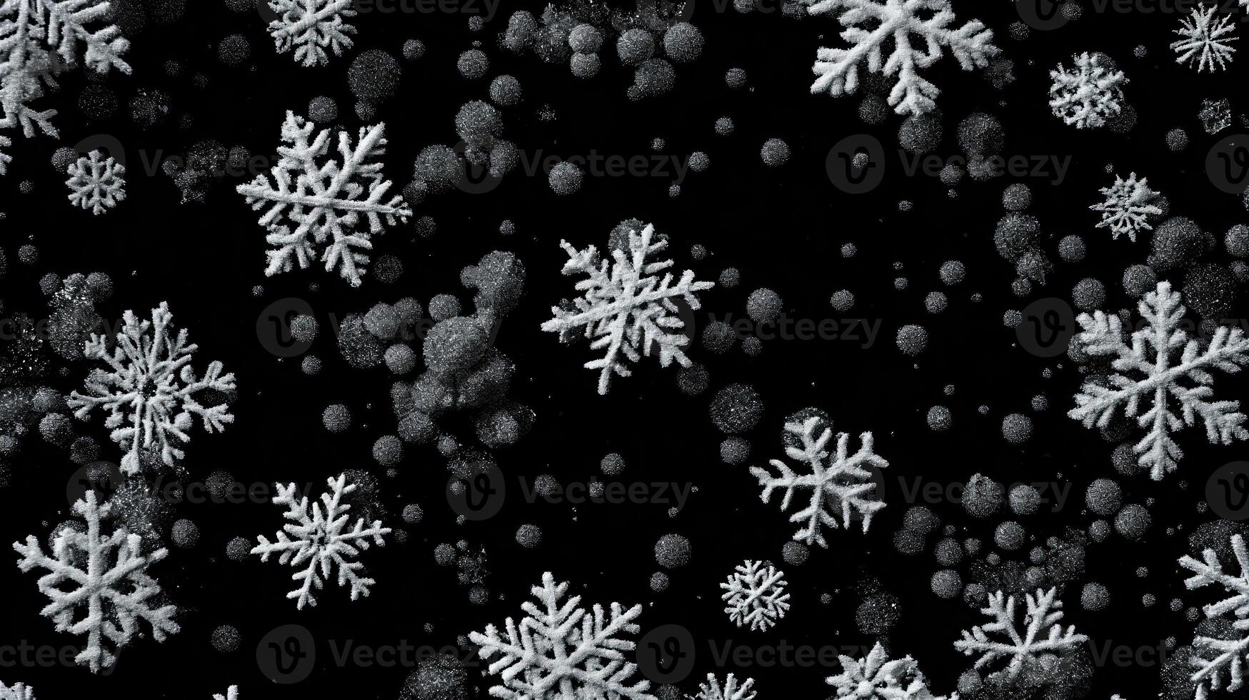 AI generated Snowflake closeup on dark snowy background, winter snowfall photo