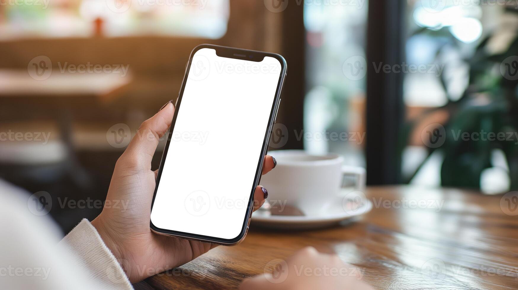 AI generated Woman Hand Holding Smart phone Mockup, Coffee Shop Scene, White Blank Screen photo