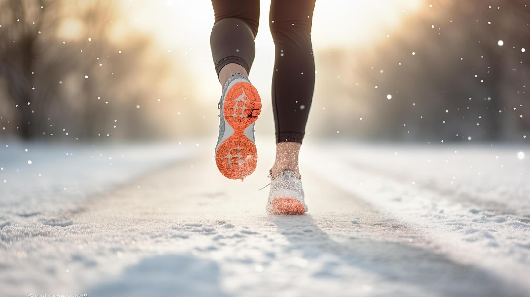 AI generated Man walking on snow with snickers in the morning back side view photo