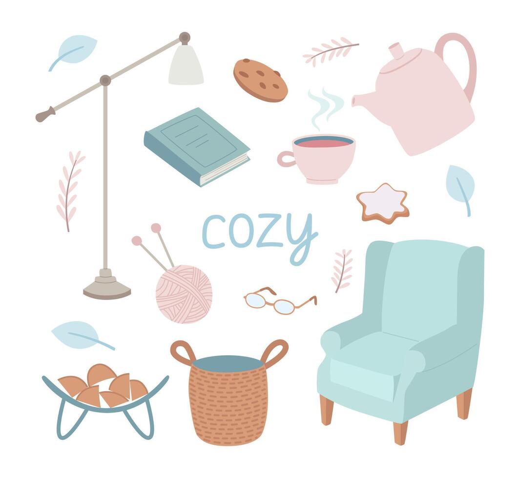 Set of cute interior items is an armchair, a floor lamp, books, a kettle, a basket and others. vector