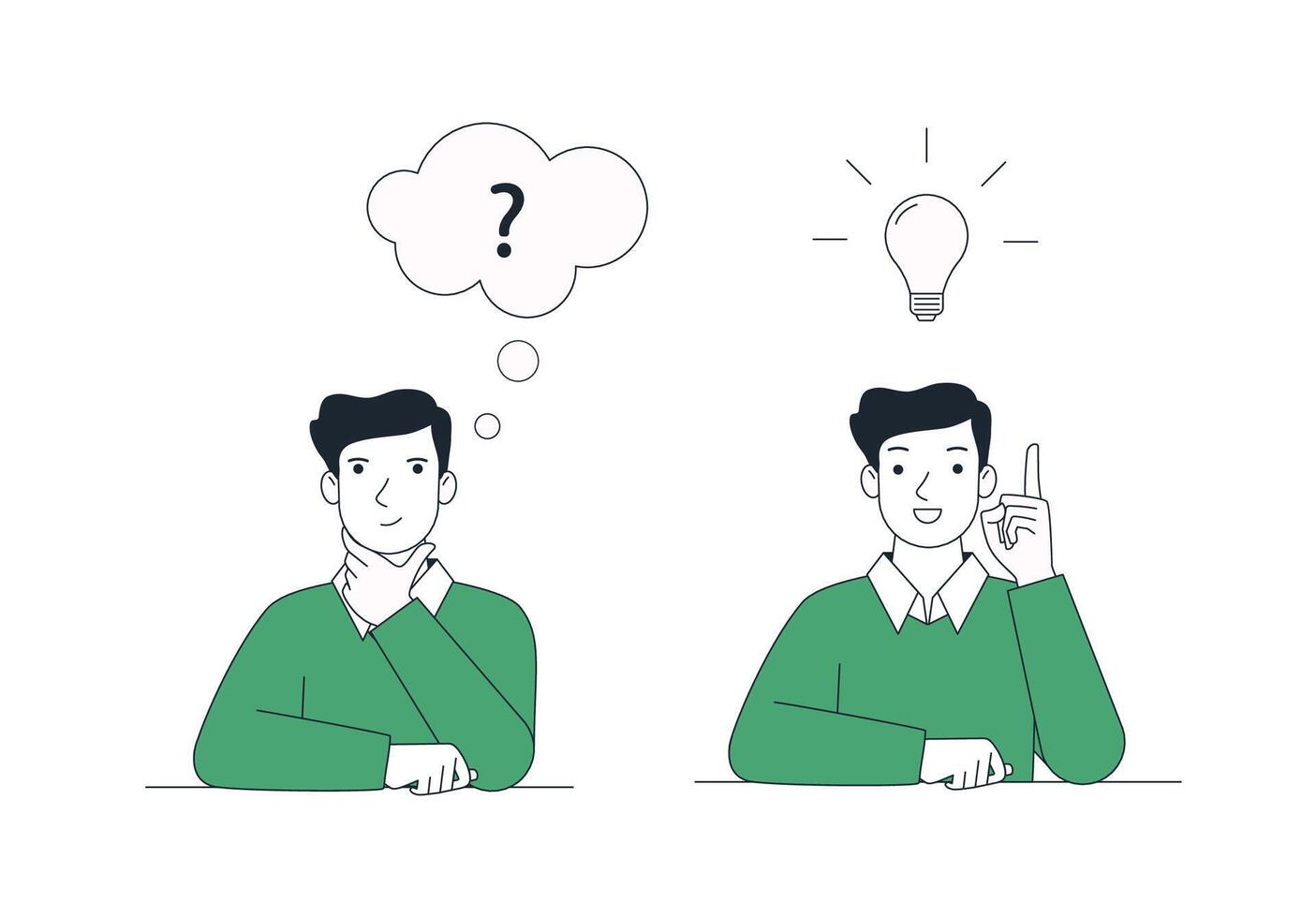 Man is looking for an idea, pondering a question. Flat vector illustration.