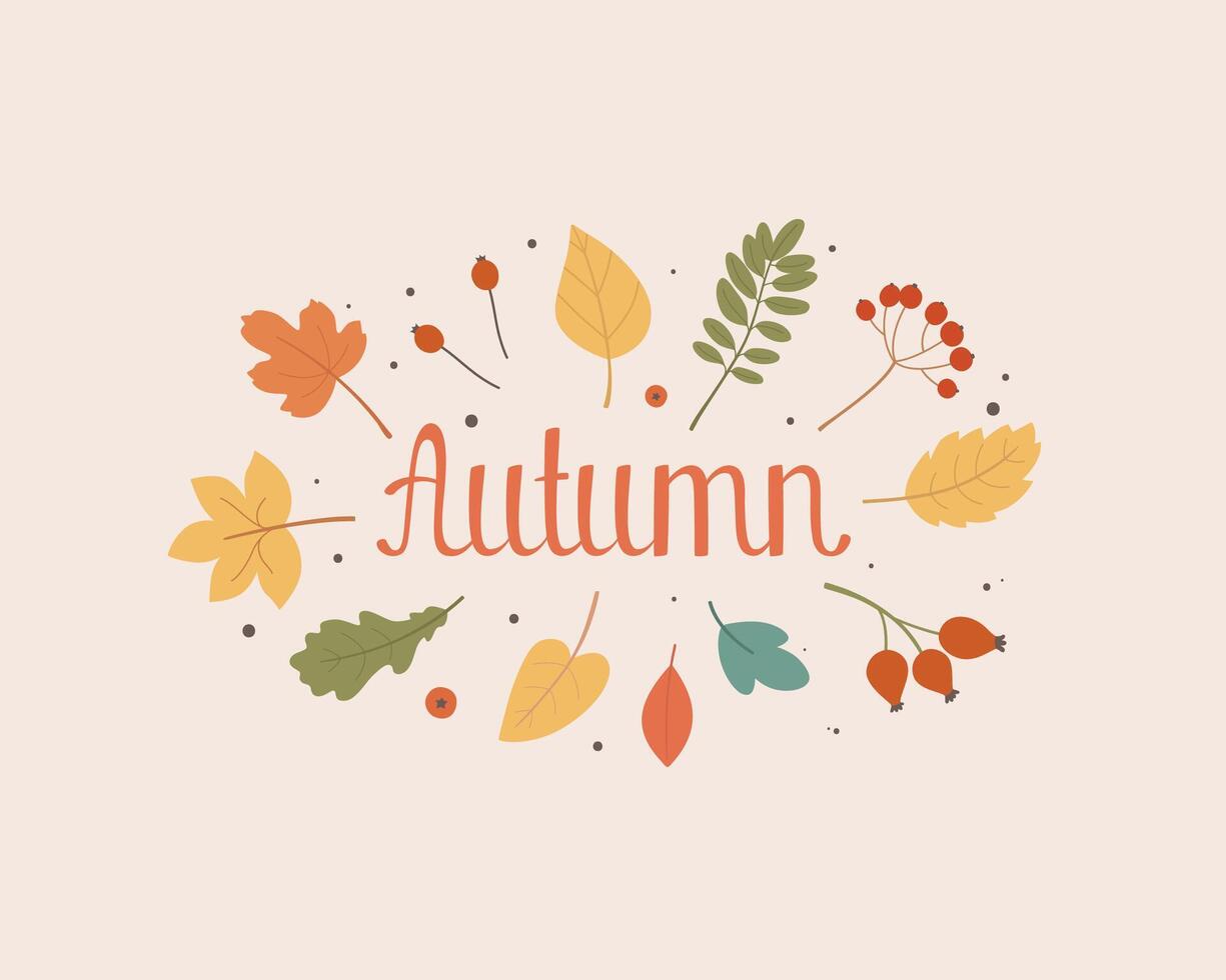 Decorative design composition with fall lettering and seasonal elements vector flat illustration