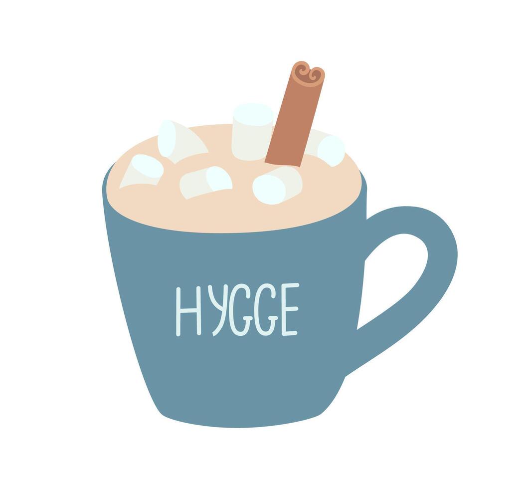 Cup of hot chocolate with foam, marshmallows and cinnamon. Hand-drawn vector illustration with an inscription.