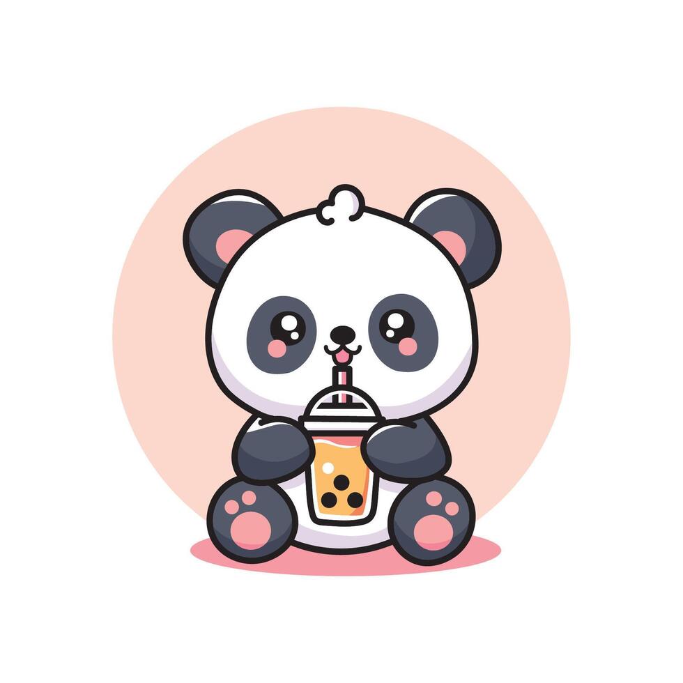 cute vector design illustration of panda drinking boba