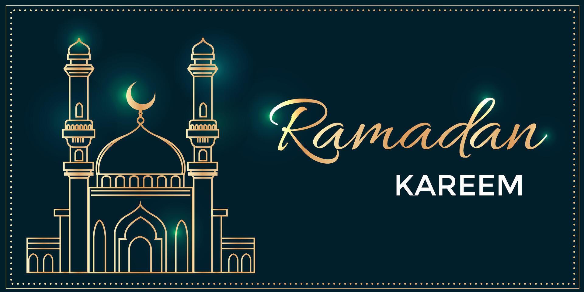 Golden Ramadan Kareem banner with Silhouette Mosque. Vector Background suitable for Muslim holy month Ramadan, Raya Hari, Eid al Adha and Mawlid.