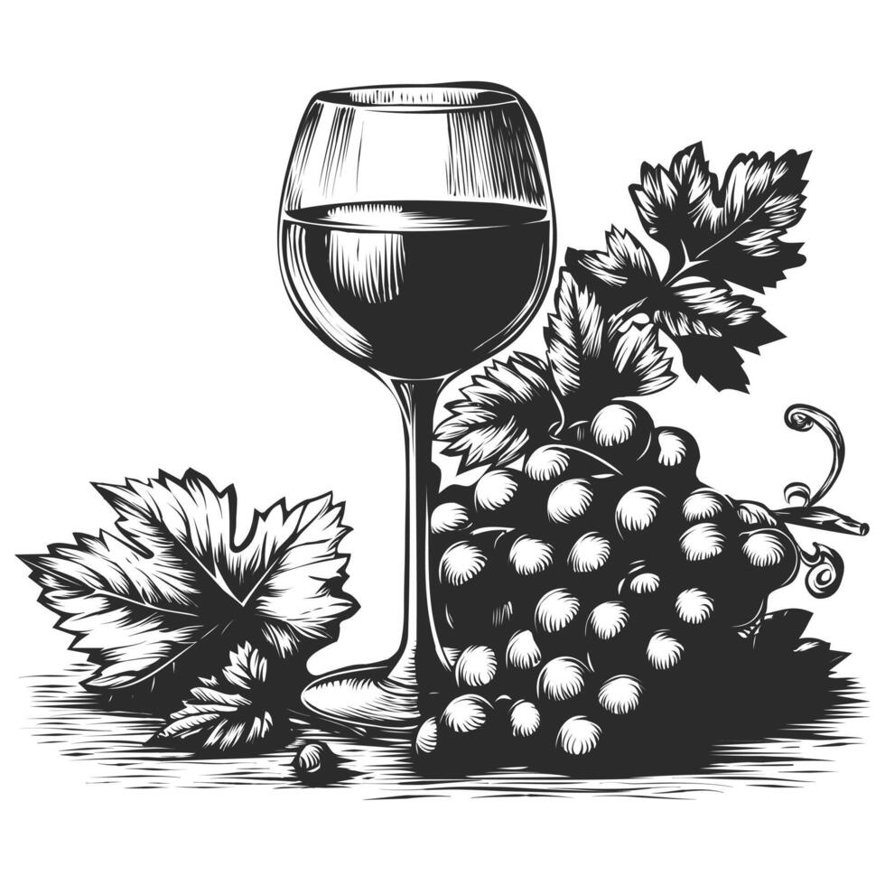 Grape wine with glass hand drawn vintage engraving style black and white clip art isolated on white background vector