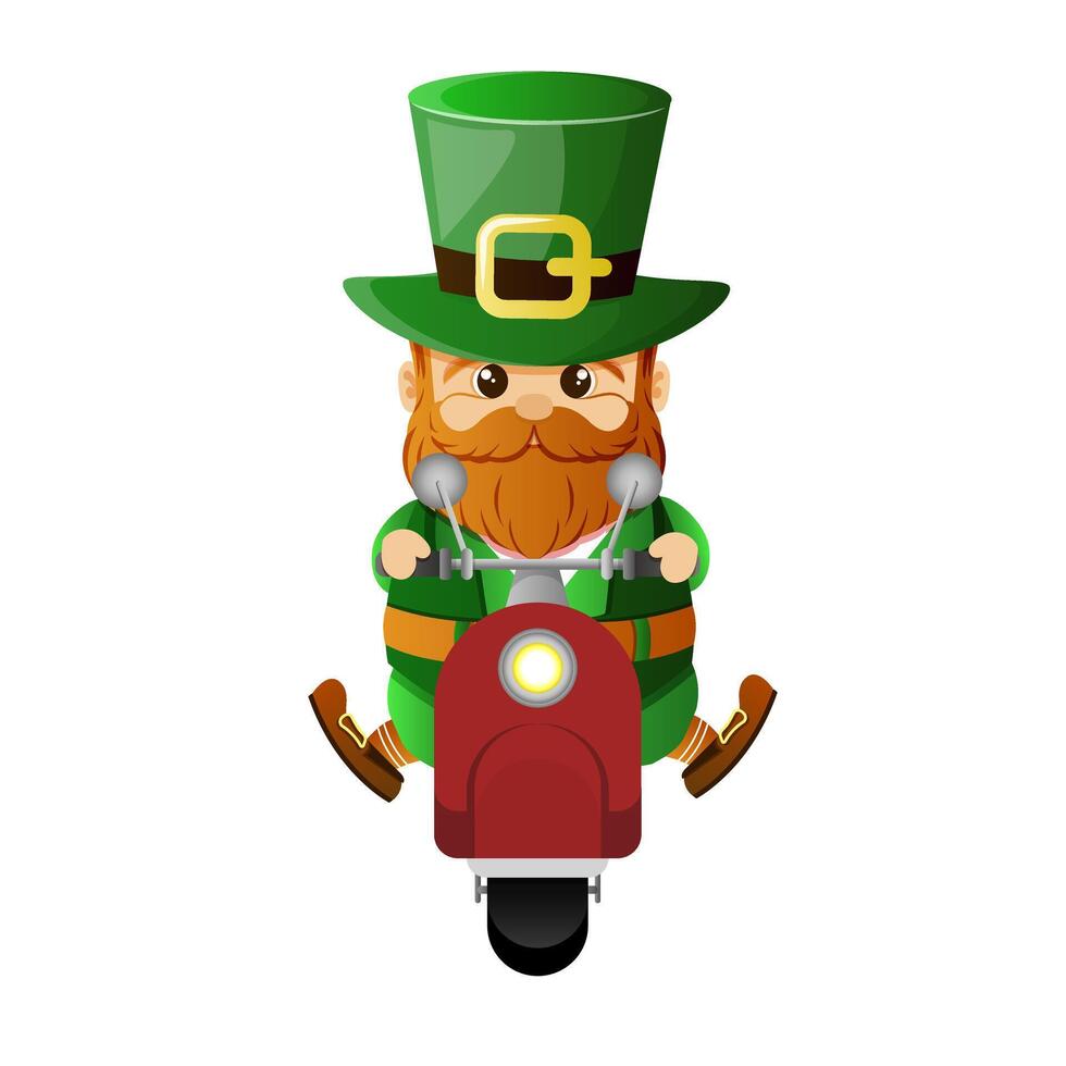 Leprechaun in green hat rides retro scooter. Vector cartoon character. Illustration for St. Patrick's Day isolated on white background. Design element for Irish holiday. Irish gnome rush to the party