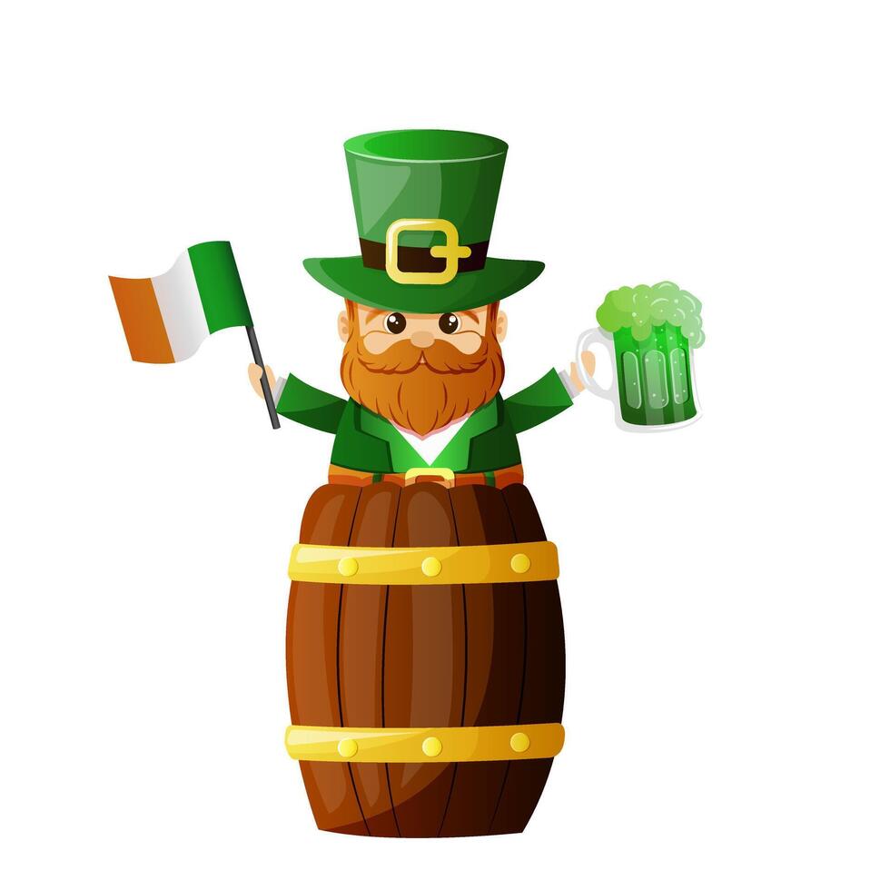 Cute leprechaun with a beer and an Irish flag is sitting on a wooden barrel. Cartoon illustration or greeting card for the holiday St. Patrick's Day. Vector illustration isolated on background