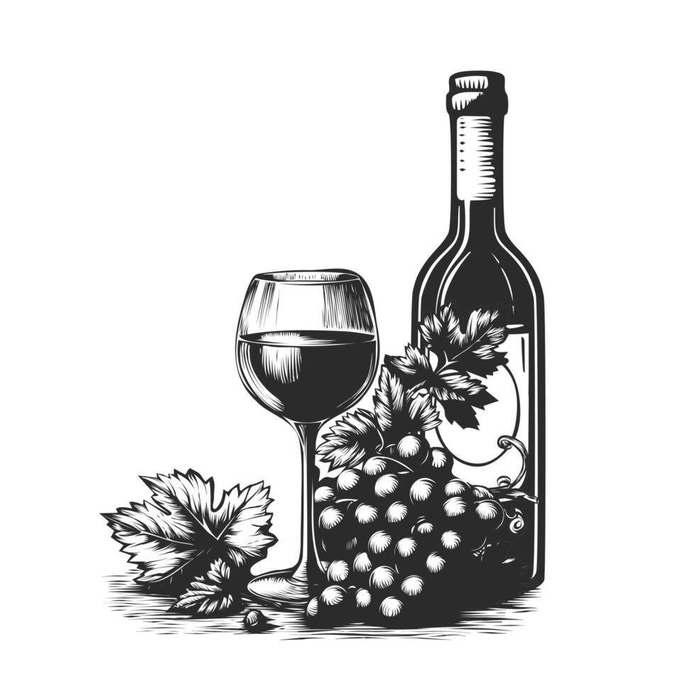 Vector illustration of red wine glass, bottle and grapes bunch still life. Vintage engraving style ink and pen hand drawn composition isolated on white background