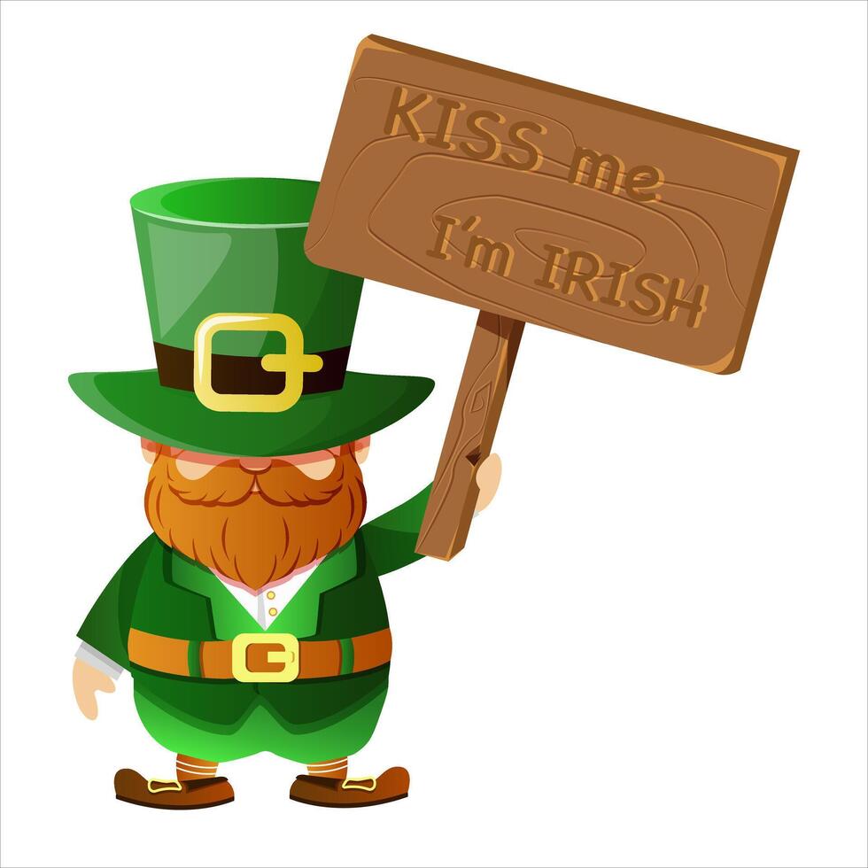 Stock vector leprechaun holding wooden placard kiss me I'm irish. Happy St Patrick's day. Cheerful leprechaun cartoon character isolated on white background
