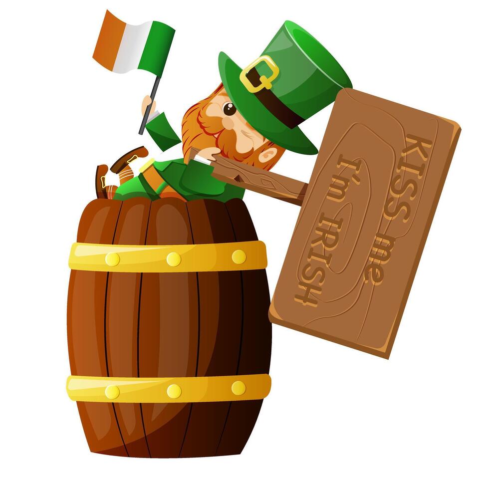Leprechaun holding Irish flag and wooden placard kiss me i'm irish sitting in wooden barrel. Vector illustration isolated on background St. Patrick's Day.