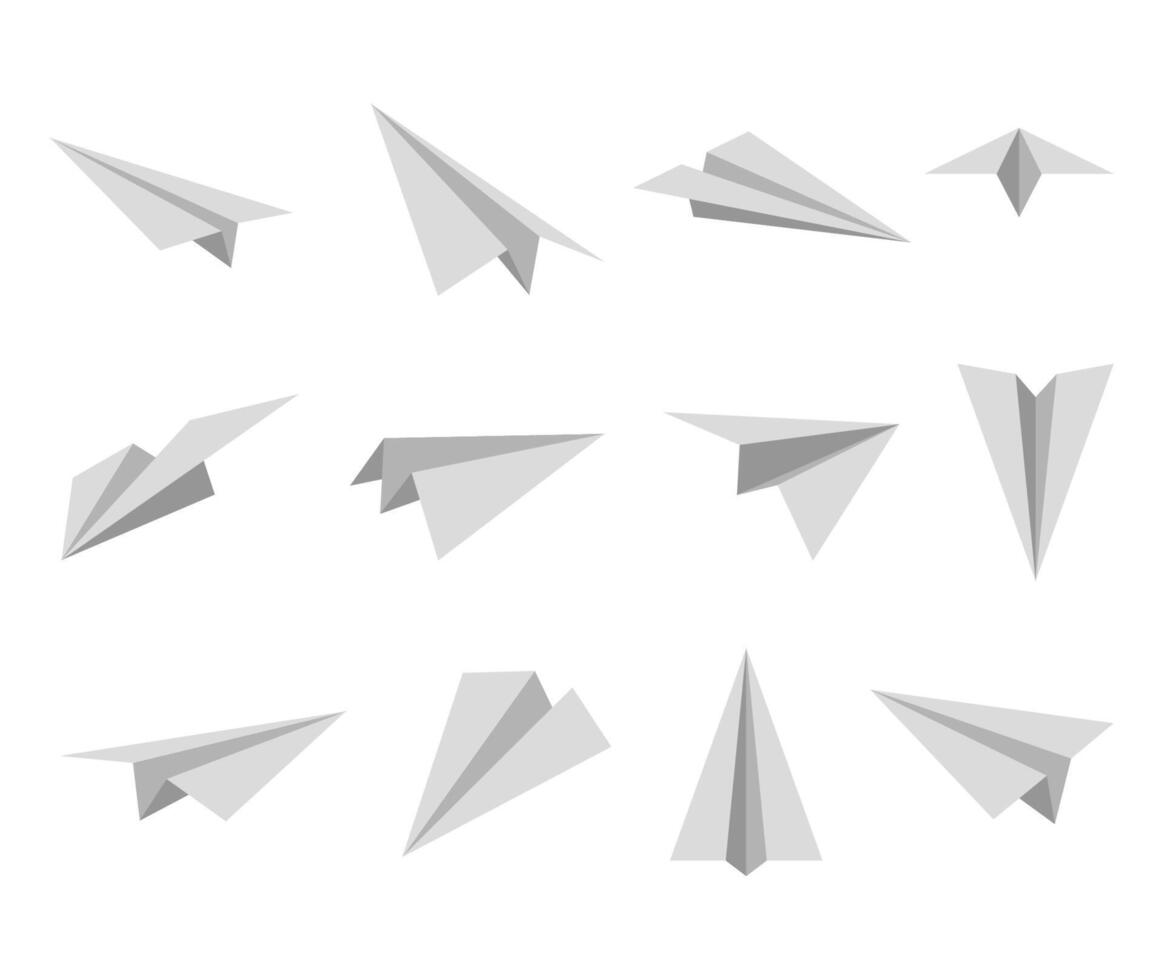 Set simple paper planes icon. White origami paper airplanes from different angles. Handmade aircraft on white background. Vector illustration