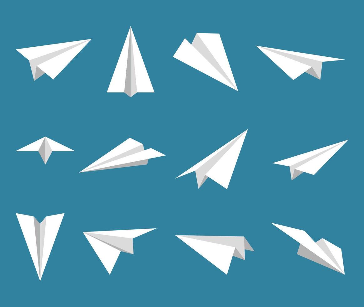 Set simple paper planes icon. White origami paper airplanes from different angles. Handmade aircraft on blue background. Vector illustration.