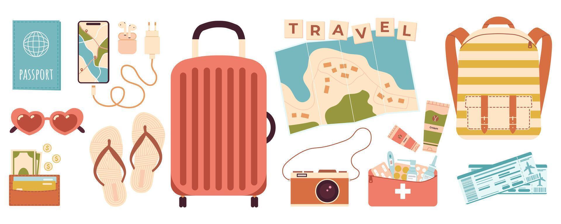 Big set of travel accessories for planning trip. Multicolored vector collection for travel time