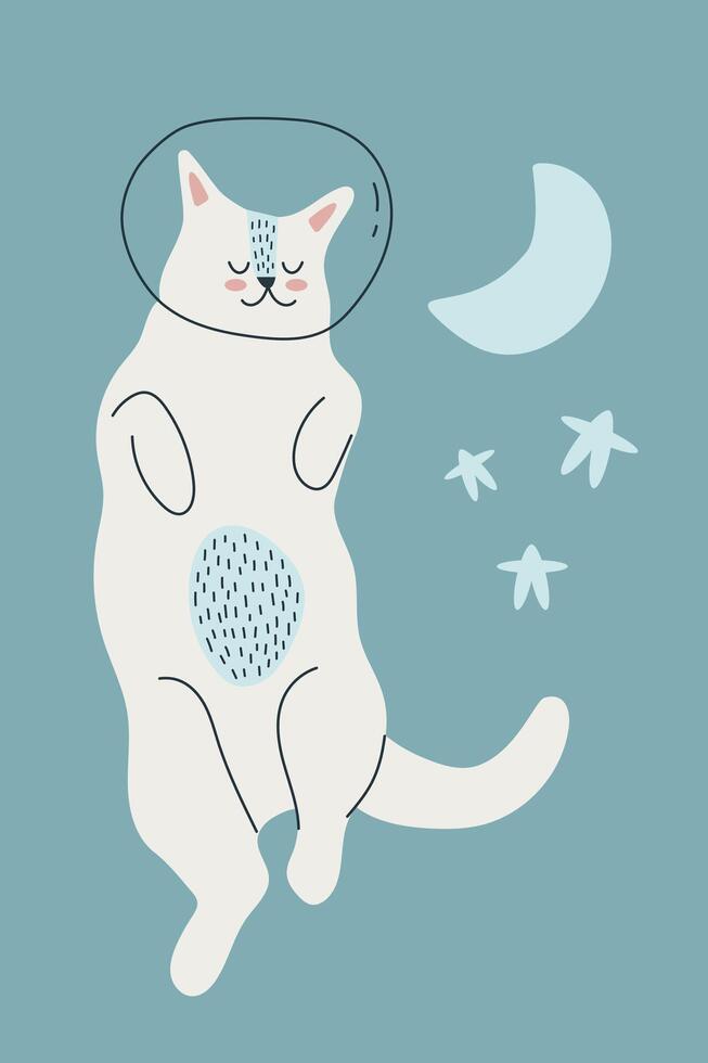Cute cat astronaut, moon and stars. Baby concept. For poster, greeting card, print, packaging. vector