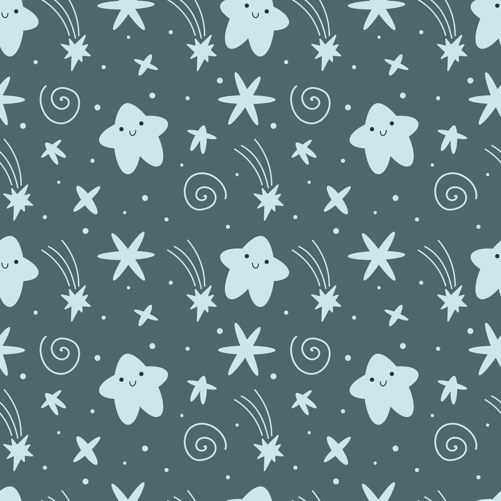 Seamless space pattern. Kawaii stars on a dark gray background vector