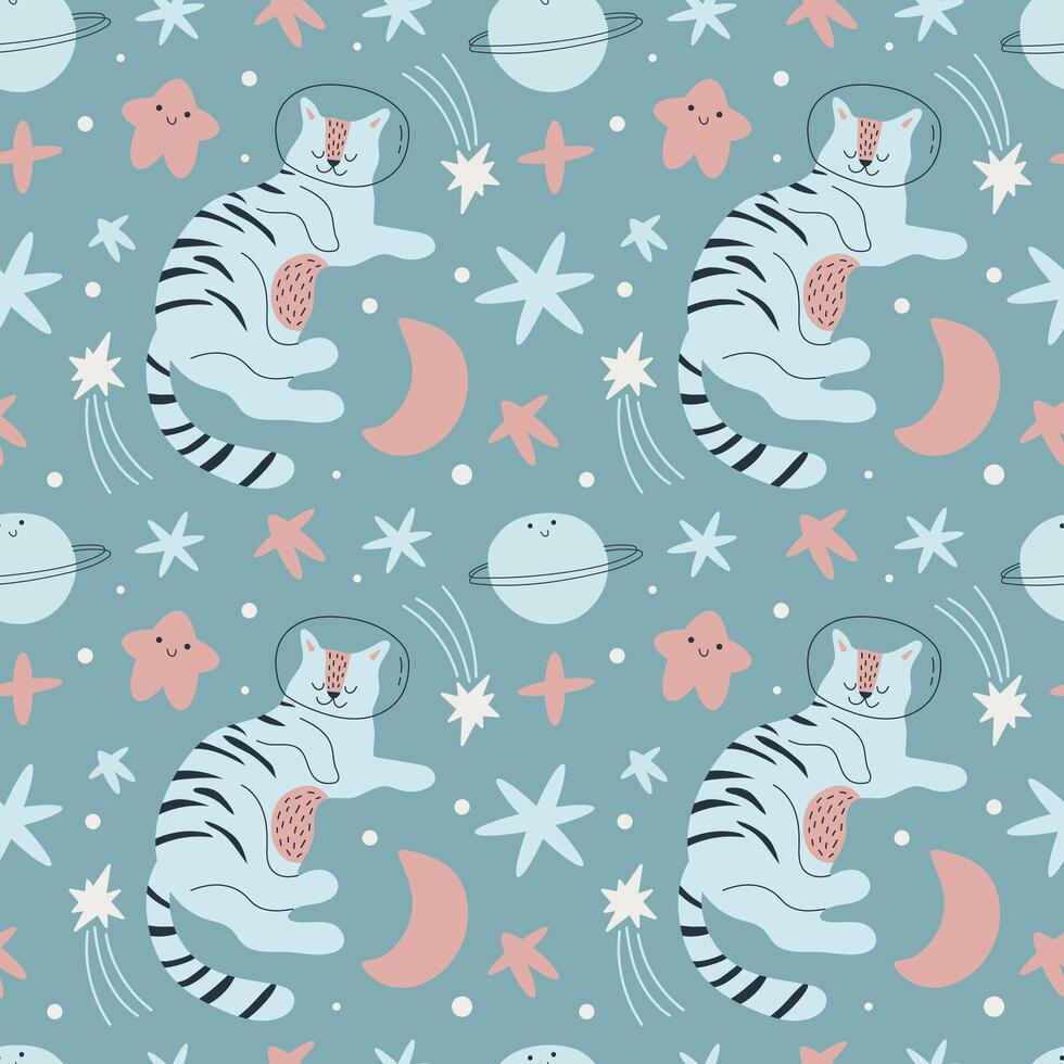 sin costura espacio gato modelo. linda dormido gato en un traje espacial, planetas y estrellas. para niños modelo para ropa, fondo de pantalla, embalaje, cama lino vector