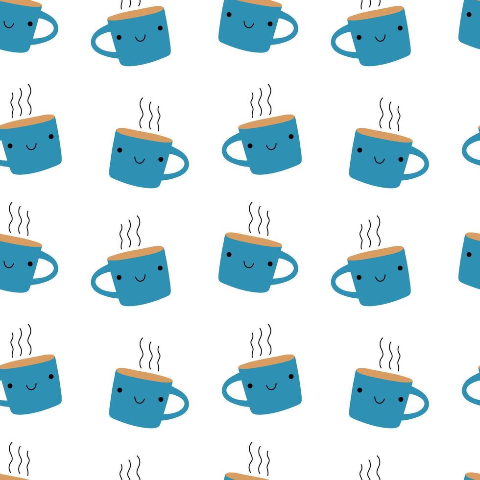 Seamless pattern with blue mug. Hot drink, kawaii character. For menu, packaging, cover, wrapping paper vector