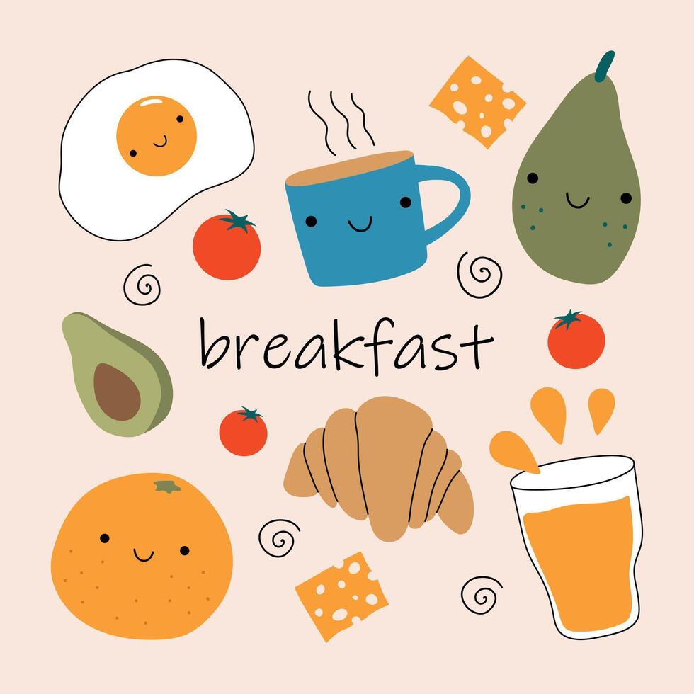 Breakfast set. Orange, mug, cup, juice, avocado, cheese, tomato, fried egg. Fun elements for your design. vector