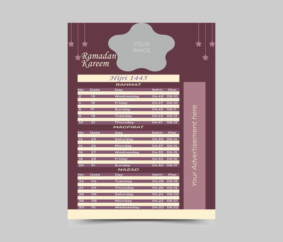 Ramadan timetable calendar template. Ramadan Calendar. Ramadan Kareem Timing Calendar. vector