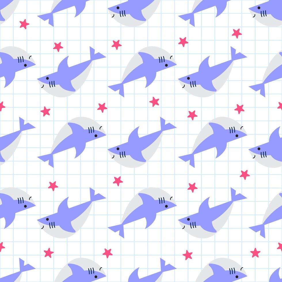 Cute shark and starfish seamless pattern, Cartoon Animal Background, Vector Illustration