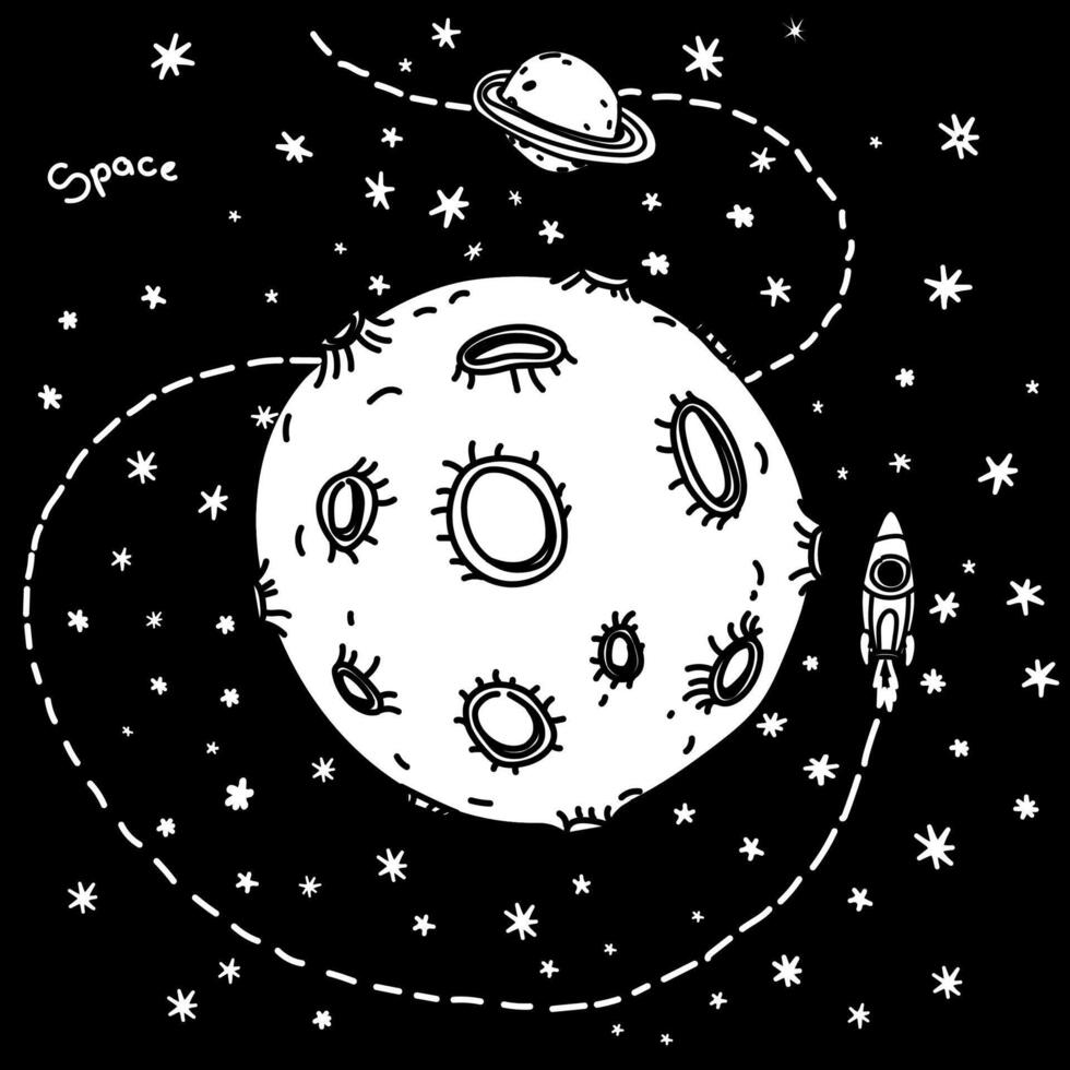 Hand drawn cartoon set of space objects and symbols. Doodle objects on a black background. Vector illustration.