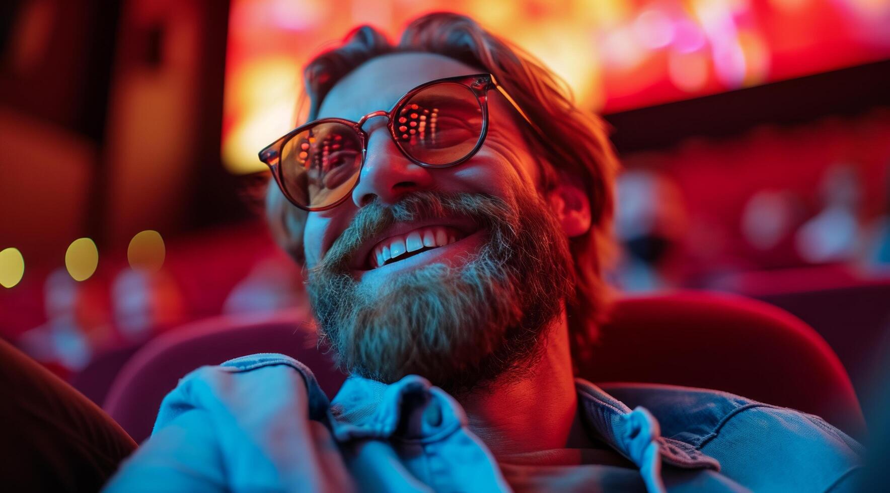 AI generated a handsome bearded man smiling in a theatre while in the movie photo