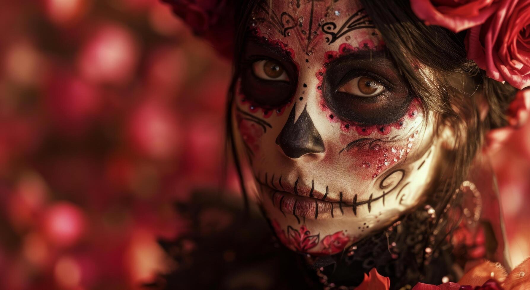 AI generated a woman is dressed up in a sugar skull outfit and has roses photo